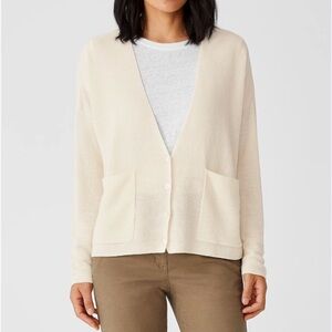 Eileen Fisher Organic Cotton Linen Off-White V-Neck Cardigan XL Coastal Gran